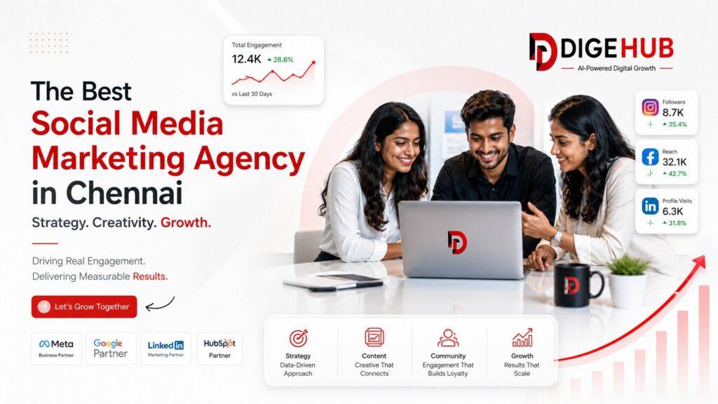 Best Social Media Marketing Agency in Chennai team analyzing social media analytics dashboard with laptop and growth charts in modern office