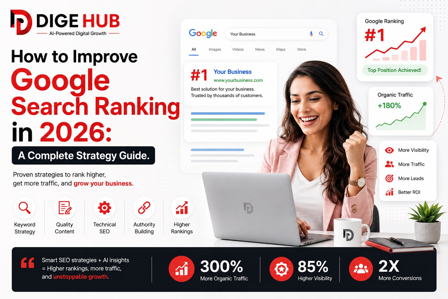 How to improve Google search ranking in 2026 with SEO strategy, AI visibility, keyword optimization, and organic traffic growth