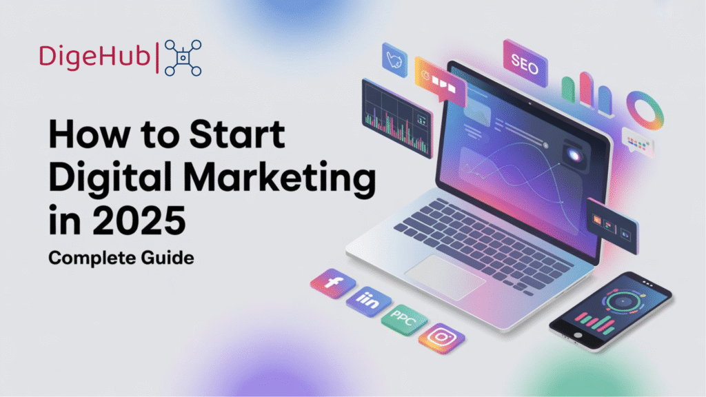 How to Start Digital Marketing in 2025 Complete Guide Futuristic digital marketing concept with a laptop, smartphone, and social media icons, surrounded by data charts and analytics graphs. The image showcases a sleek, modern design with vibrant shades of blue, purple, and green, symbolizing the future of digital marketing in 2025.