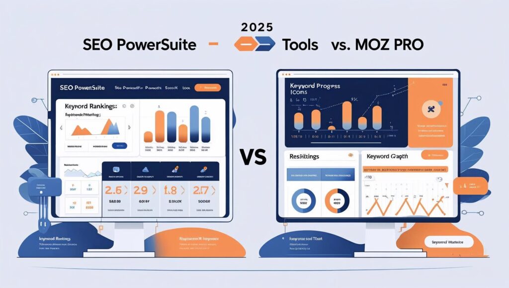 isual comparison of SEO PowerSuite and Moz Pro tools with charts, keyword graphs, and audit icons – blog cover for SEO tools comparison 2025
