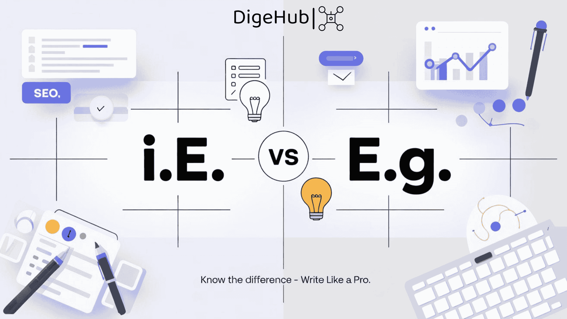 Split screen comparison image showing i.e. vs e.g. Latin abbreviations with visual examples, grammar icons, and professional typography for content writing and SEO blog post