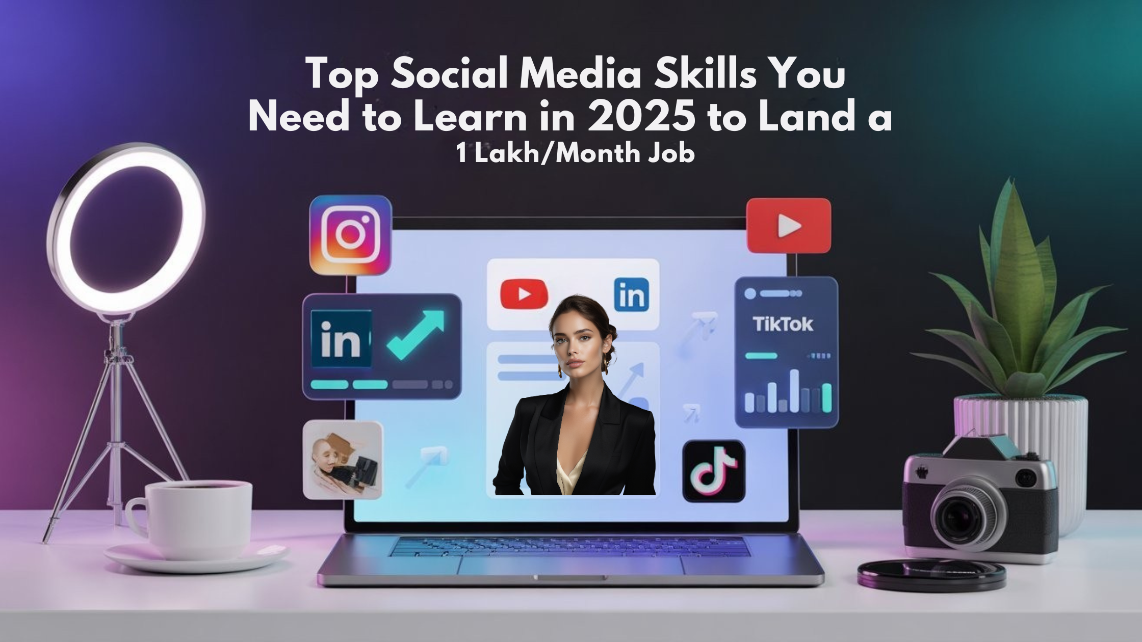 Infographic showing the top 12 social media skills for 2025 to land ₹1 lakh per month jobs in India, featuring icons for analytics, video, AI tools, content creation, and more.