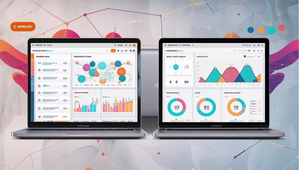 Side-by-side view of Semrush and Ahrefs dashboards comparing SEO metrics in 2025.