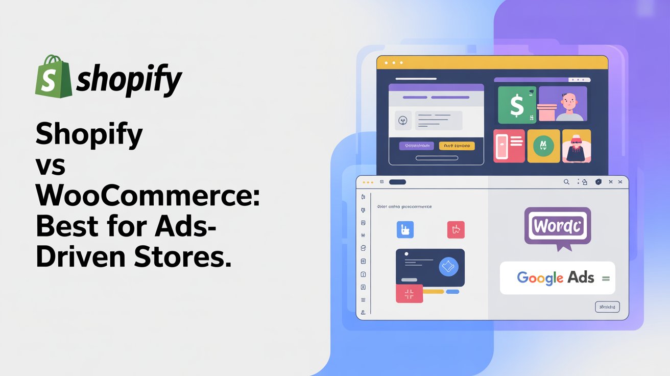 Split-screen illustration comparing Shopify and WooCommerce with ad campaign visuals and eCommerce dashboards.