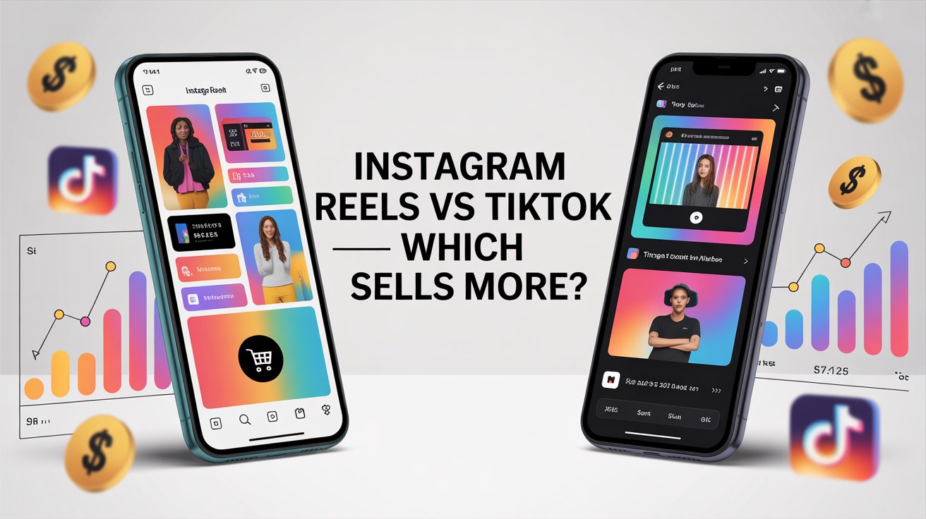 Comparison between Instagram Reels and TikTok interfaces on smartphones with shopping and sales icons, highlighting which platform drives more conversions.