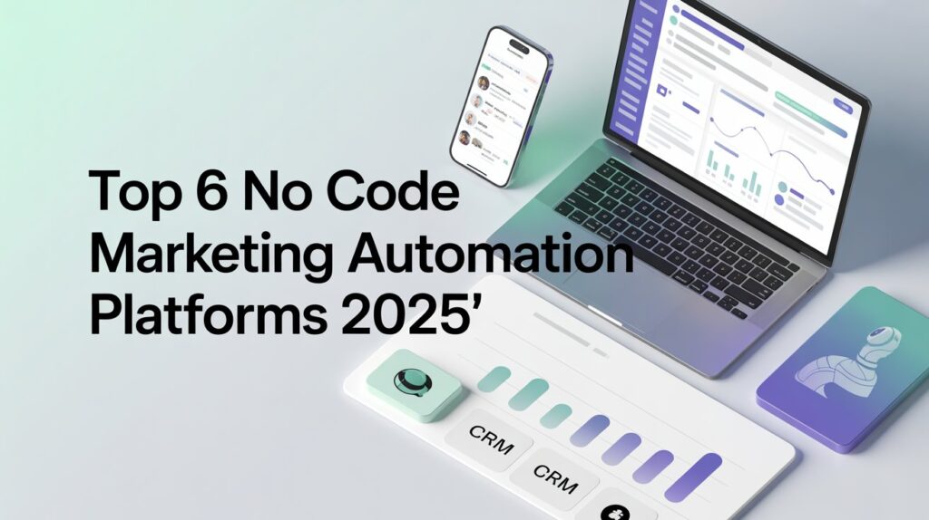 nm Top 6 no code marketing automation platforms 2025 illustration showing laptop, smartphone, AI icons, email, CRM, and social media automation for marketers