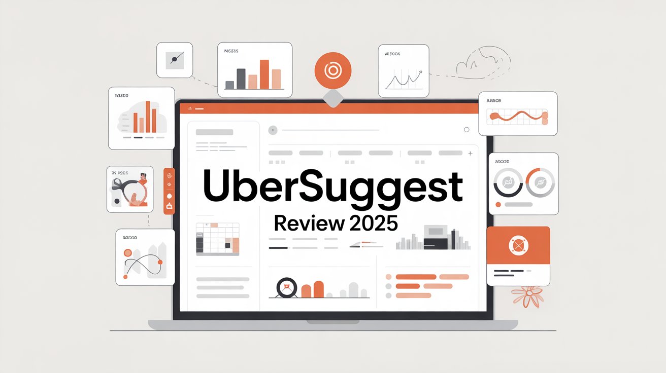 Ubersuggest Review 2025 dashboard on a laptop screen with SEO analytics, graphs, and keyword tools in a clean modern style.