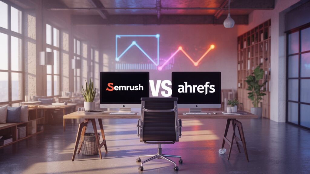 vv Semrush vs Ahrefs 2025 featured image showing SEO analytics charts, keyword research graphs, and backlink visualization for digital marketing and website growth