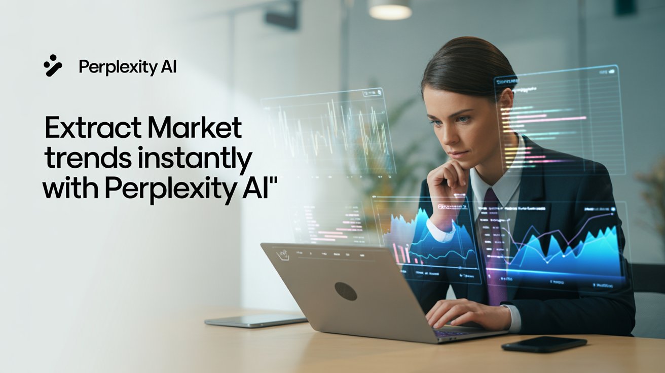 Marketer using Perplexity AI tool to analyze market trends on a laptop with graphs and data charts in a modern office setting.