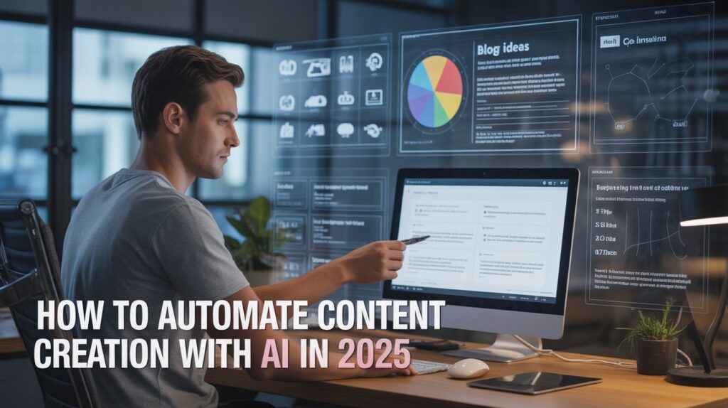 Digital marketer using AI tools to automate blog writing, with SEO dashboards and article drafts on screen, showcasing modern content creation in 2025