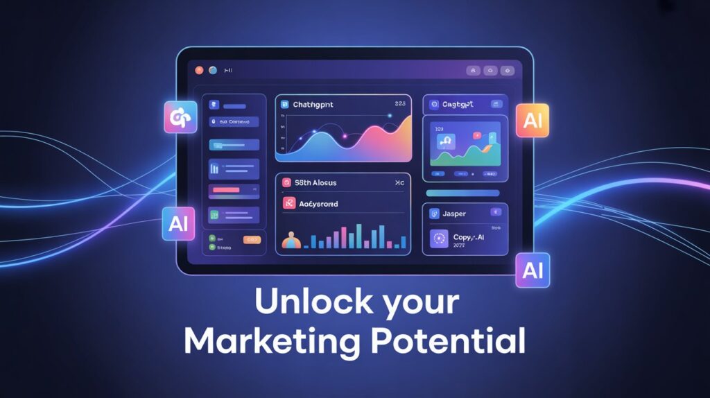 Futuristic marketing team using AI tools in a high-tech digital workspace with holographic displays showing SEO, content, and advertising analytics, 2025 aesthetic.
