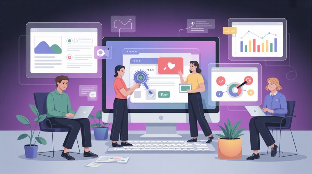 Marketers using ChatGPT for content creation and SEO in a futuristic digital marketing workspace, 2025 style