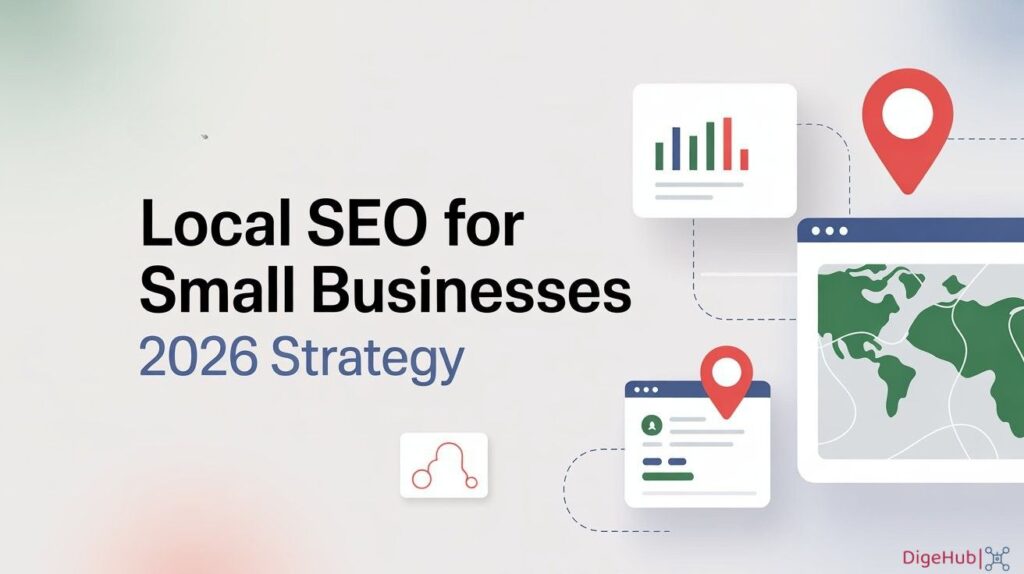 Local SEO for Small Businesses 2025 Strategy blog header with white background, subtle gradient, map pins and analytics icons, professional digital marketing design