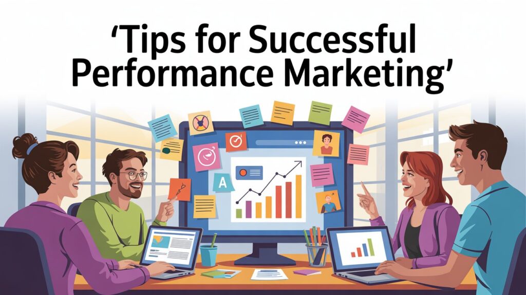 qqq Creative workspace with digital marketers brainstorming, sticky notes with campaign ideas, affiliate icons, social media symbols, and a flow of conversions. Text overlay: ‘Tips for Successful Performance Marketing’. Friendly, professional, vibrant style, vector-style illustration suitable for blog banner.