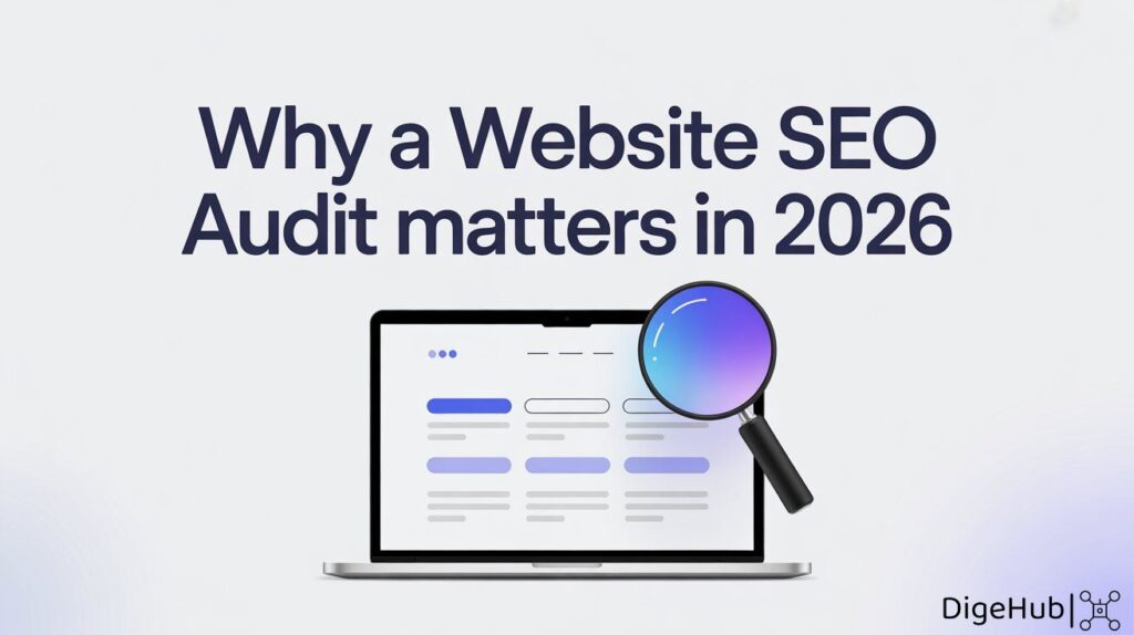sss inimalist blog header showing a laptop with a website interface and a magnifying glass symbolizing an SEO audit, with the text ‘Why a Website SEO Audit Matters in 2025’ on a clean white background accented in blue and purple.