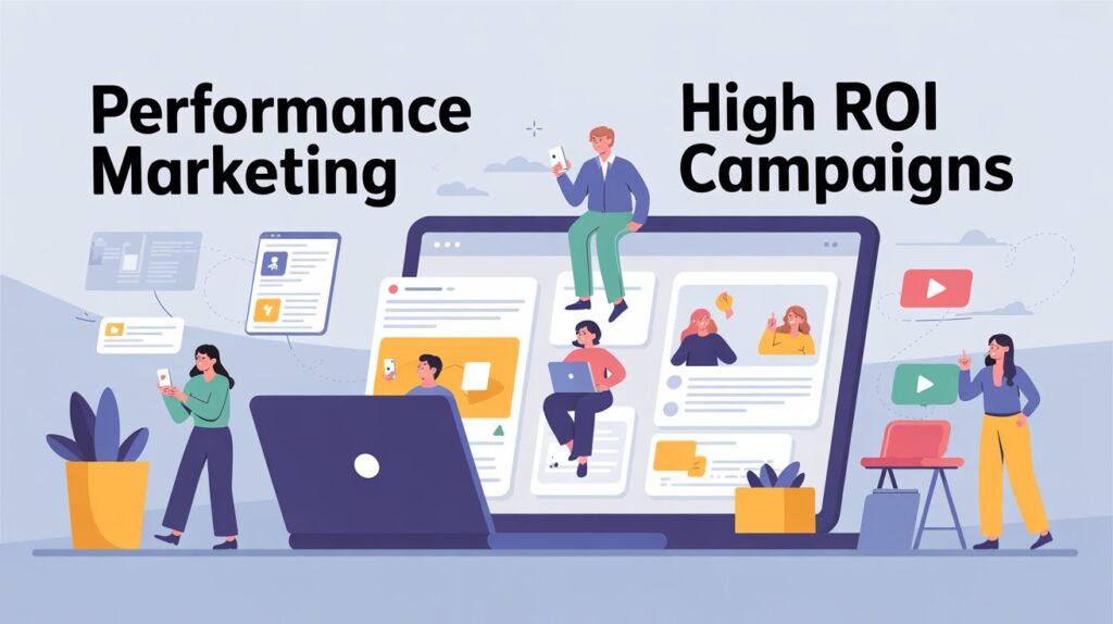 Illustration of performance marketing with digital ads, affiliate links, and social media engagement for high ROI campaigns