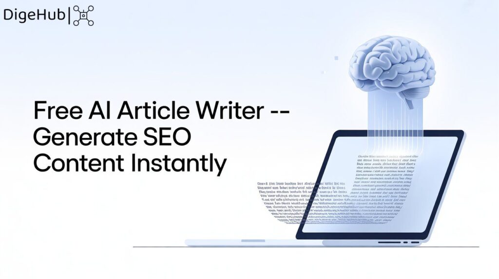 FREE ai writer A minimalist flat vector illustration showing a laptop screen generating text with a glowing AI brain icon, representing a Free AI Article Writer tool for creating SEO-optimized content instantly. Modern blue and white design, clean, professional, no charts or analytics.