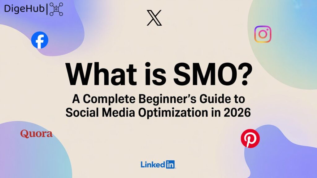 SMO 2 Minimal modern featured image with a clean blue-purple gradient background, simple geometric shapes, and bold centered text reading ‘What Is SMO? A Complete Beginner’s Guide to Social Media Optimization in 2026’ in a professional flat digital marketing design.