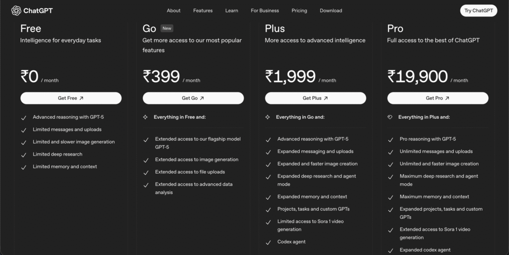 Screenshot 2025-11-04 at 7.30.44 PM Chatgpt GO, PLUS, PRO pricing