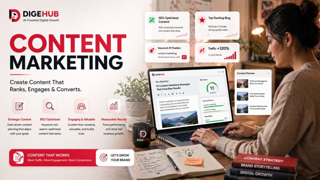 Digehub’s content marketing services build topical authority using E-E-A-T, pillar-cluster strategy, and AI-assisted content systems. We create SEO content that ranks on Google and gets cited by AI platforms. Free content audit.