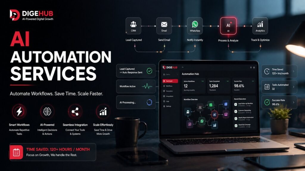 AI automation services by Digehub that replace manual work with intelligent workflows. Automate WhatsApp, CRM, email, and lead management to save 25+ hours per week. Free automation audit in 24 hours.