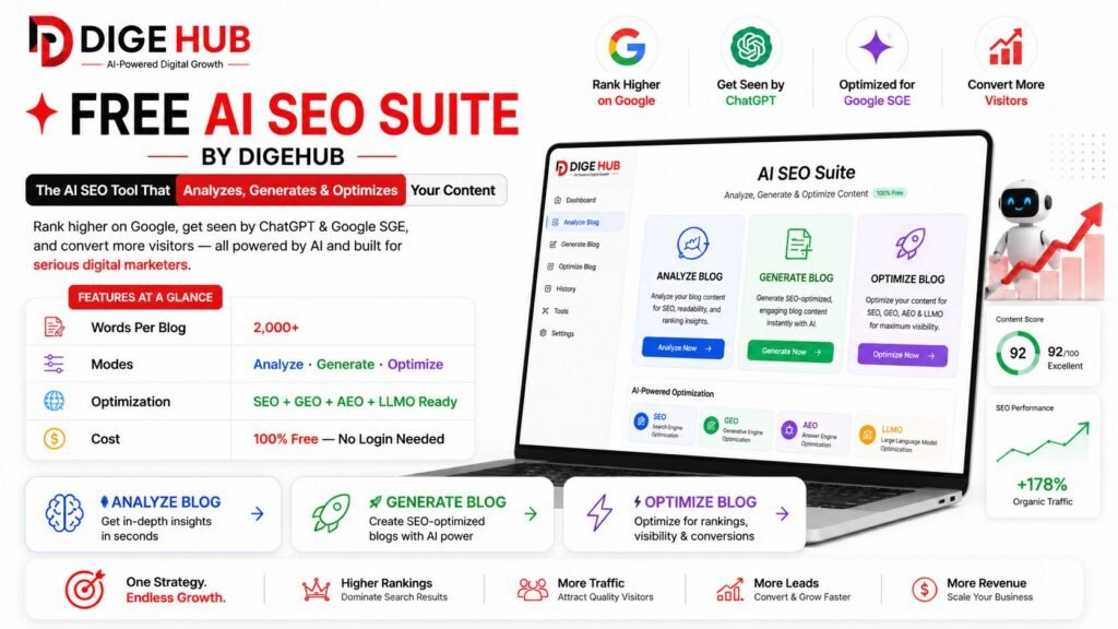 Discover the best AI writing tools and AI SEO tools of 2026. Compare free AI blog writers, AI content writer tools, and SEO tools reviews — plus use Digehub's 100% free 3-in-1 AI SEO tool to analyze, generate, and optimize your content today.
