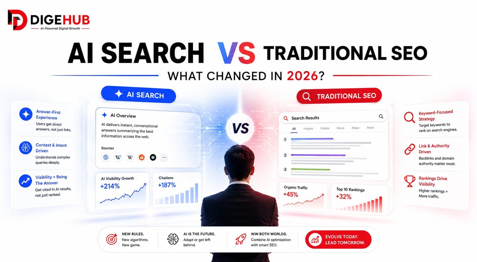 AI Search vs Traditional SEO comparison with AI dashboards, search results, and 2026 optimization insights.