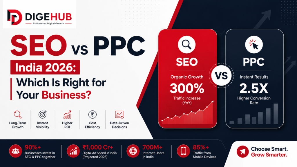 SEO vs PPC India 2026 – Which Is Right for Your Business? SEO vs PPC India 2026 comparison showing organic SEO growth vs PPC advertising to help businesses choose the right digital marketing strategy.