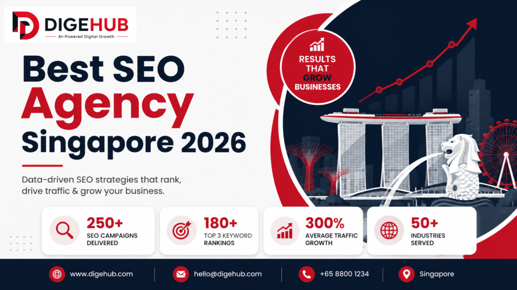 Best SEO Agency Singapore 2026 banner illustrating AI-powered SEO, search rankings, digital marketing strategy, analytics dashboard, and Singapore skyline.