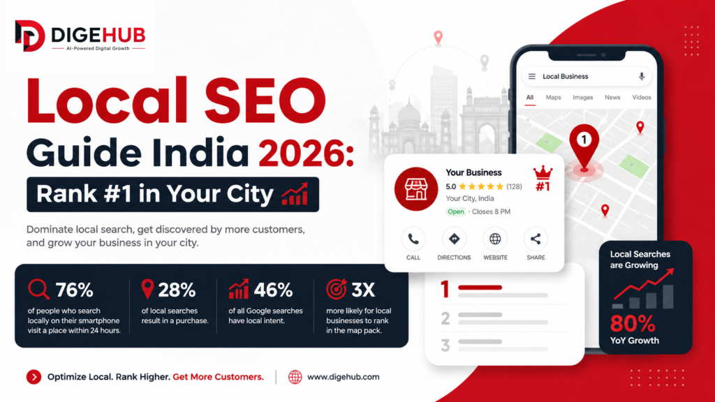 Local SEO India 2026 guide showing Google Maps ranking, Google Business Profile optimization, and strategies to rank #1 in your city.