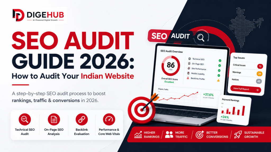 SEO Audit Guide India 2026 | Complete Website Audit SEO Audit Guide India 2026 showing technical SEO, Core Web Vitals, on-page SEO, backlink analysis, and website optimization checklist for Indian businesses.
