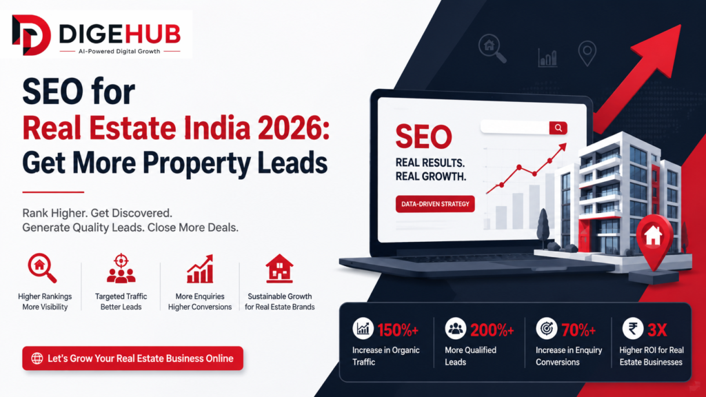 SEO for Real Estate India 2026 guide showing property lead generation strategies for builders and brokers using local SEO, Google Business Profile, AI search optimization, and digital marketing.