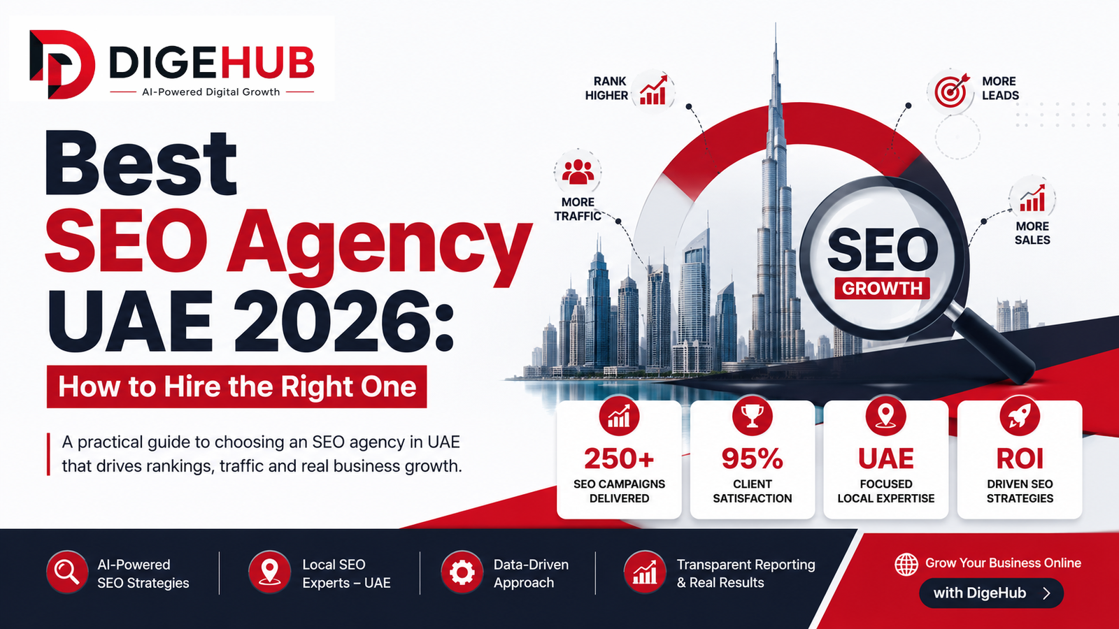 Professional blog banner for "Best SEO Agency UAE 2026: How to Hire the Right One" featuring Dubai skyline, SEO growth, AI-powered digital marketing, UAE SEO strategy, and DigeHub branding.