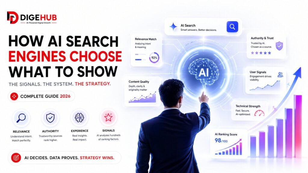 How AI search engines choose content with ranking signals, authority, relevance, and AI search insights.